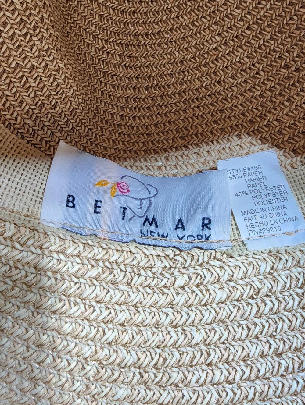 BETMAR New York Wide Brim Sun Hat Natural Straw Blend Floppy Hat Beige